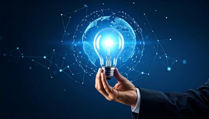 Hand holding glowing lightbulb with world map, representing innovation and global connectivity solutions