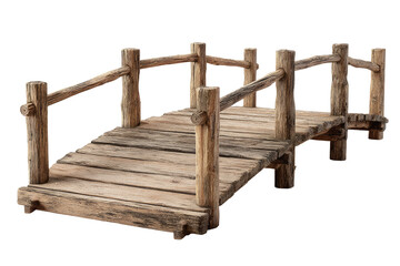 Fototapeta premium Rustic wooden bridge. A miniature wooden bridge, with weathered, light brown planks and rustic, rounded support posts. Simple railing accents the sides