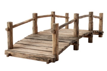 Rustic wooden bridge.  A miniature wooden bridge,  with weathered, light brown planks and rustic,  rounded support posts.  Simple railing accents the sides