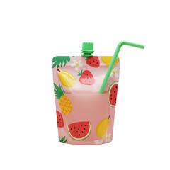 3D Illustration of a Pink Fruit Juice Pouch with a Green Straw on a Transparent Background
