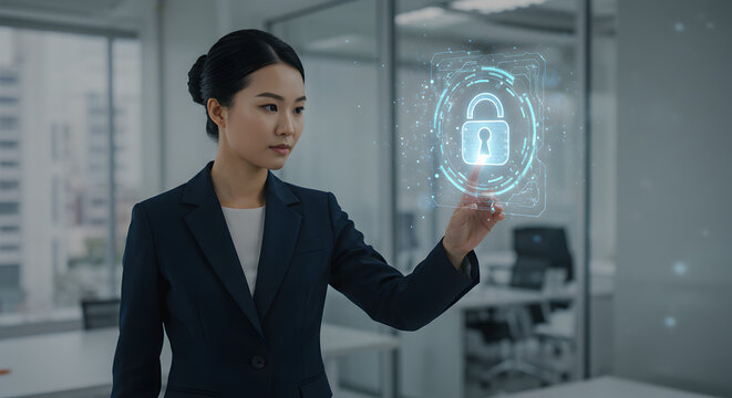 Cybersecurity Concept: Businesswoman Touching Digital Lock in Modern Office