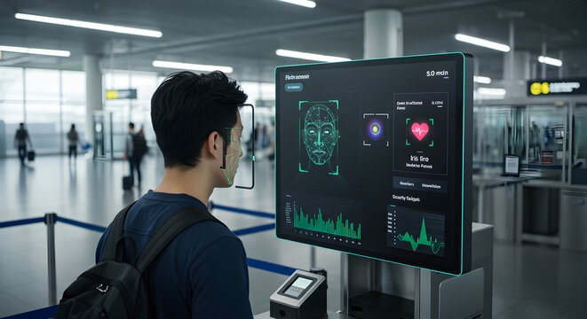 Traveler undergoing biometric facial recognition and health screening at airport security