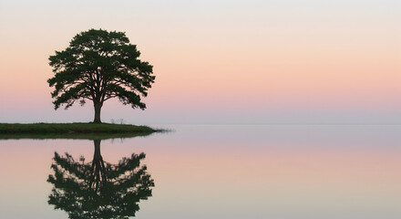 Serene Tree Reflection at Sunset Over Calm Water