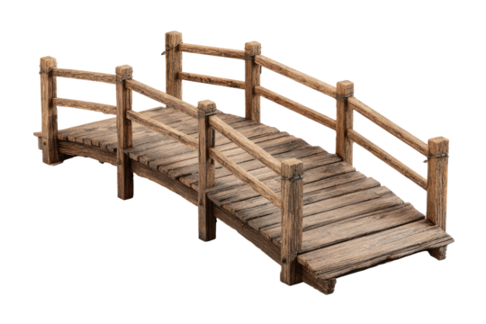 Wooden arched bridge with rustic fence