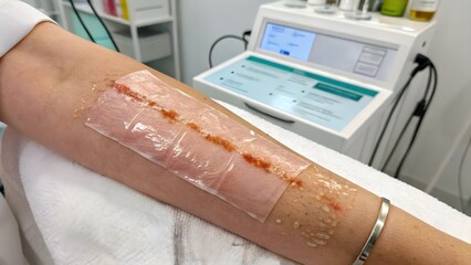 Burn healing with silicone gel applied on arm under soft medical light