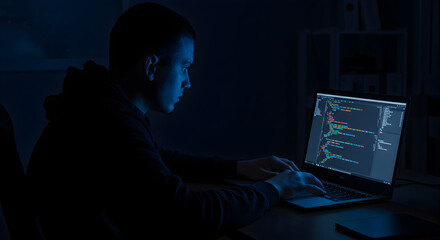 Young man coding on laptop in a dark room, illuminated by screen light, focused on software development and technology.