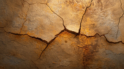 Fototapeta premium Cracked earth texture with warm tones and rough surface, showcasing natural patterns and earthy colors. This evokes sense of dryness and age, perfect for backgrounds or nature themed projects