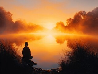 Obraz premium Silhouette of a person meditating at sunrise over a misty river.