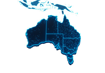 3D Digital Australia Map Glowing Blue Lines with Black Background Abstract Illustration