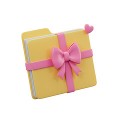 3D Illustration of a Yellow Folder Wrapped With Pink Ribbon and a Heart Isolated on Black Background