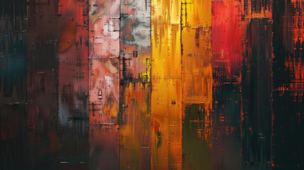 Abstract art featuring vibrant colors and textured patterns creates dynamic visual experience. interplay of reds, yellows, and blacks evokes sense of energy and movement