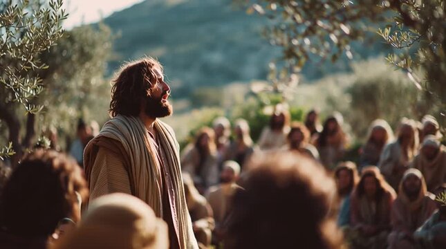 Man in robe addressing a crowd outdoors with trees and mountains in the background on a sunny day