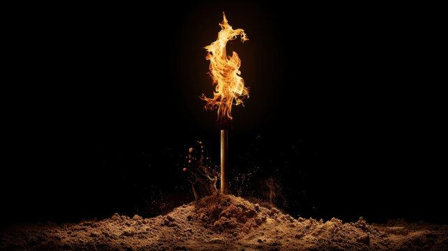 Striking image of flame rising from matchstick, surrounded by mound of sand. contrast between bright fire and dark background creates dramatic effect, evoking feelings of warmth and intensity - Powered by Adobe