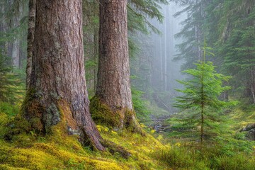 Fototapeta premium Misty forest with towering trees and moss-covered ground