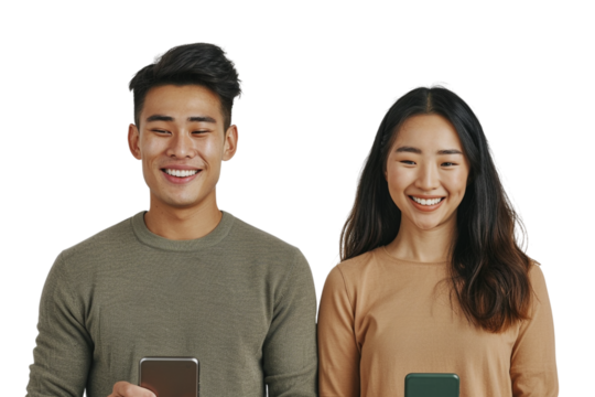 Smiling Asian Couple holds Mobile Phones. Happy, modern, minimal. Perfect for technology, lifestyle, or advertising projects. - Powered by Adobe