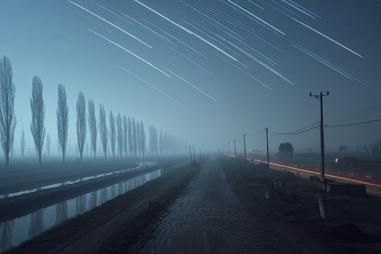 Misty rural road at night, with star trails - Powered by Adobe