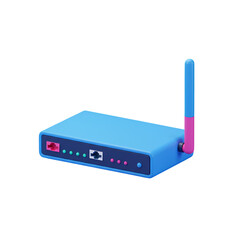 3D Illustration Of Blue Router With Pink Antenna Isolated on Transparent Background