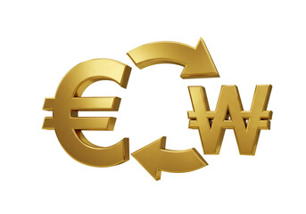 3D Gold Euro and Korean Won Symbols with Arrows on Transparent Background
