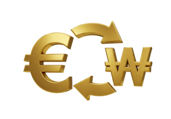 3D Gold Euro and Korean Won Symbols with Arrows on Transparent Background