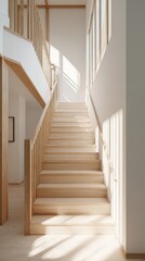 A wooden staircase leading up to a white wall