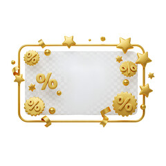 3D Illustration Golden Frame with Percent Symbols Stars and Confetti