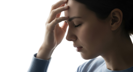 Stressed young woman experiencing a headache, feeling pain and anxiety, needing mental health help