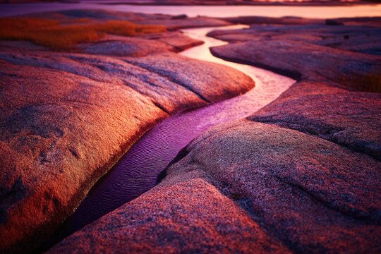 Stream of vibrant color flows through rocky terrain at sunset