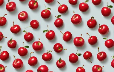 Red apples arranged in a repeating pattern on a light blue background.