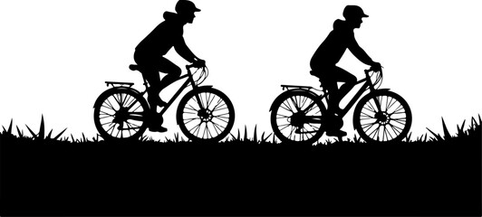 Obraz premium silhouette of riding bicycles, bicycle, bike, silhouette, sport, cycling, cyclist, cycle, vector, illustration, biker, ride, woman, people, race, person, biking, mountain, black, activity, bicyclist,