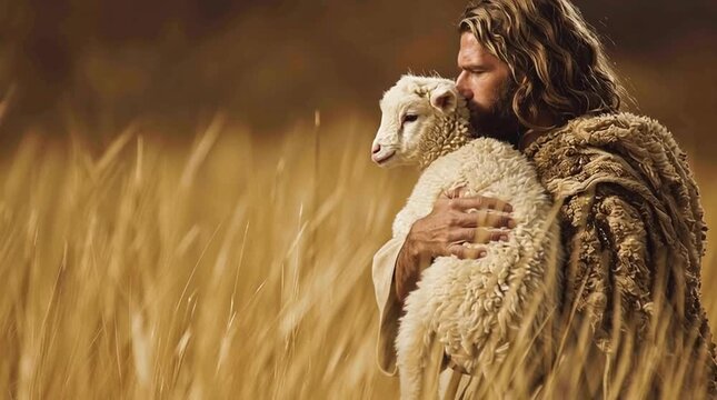 Man with long hair holding a fluffy white lamb in a field of wheat on a sunny day outdoors