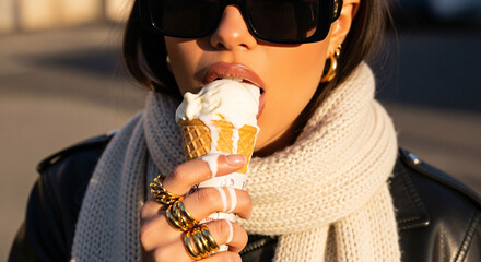 Close-Up of Woman Eating Ice Cream Cone in Stylish Winter Outfit
