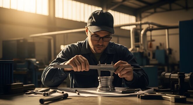 Industrial worker inspecting metal components with caliper on workshop bench, cinematic eye-level photo with machinery background for engineering inspection and manufacturing themes
