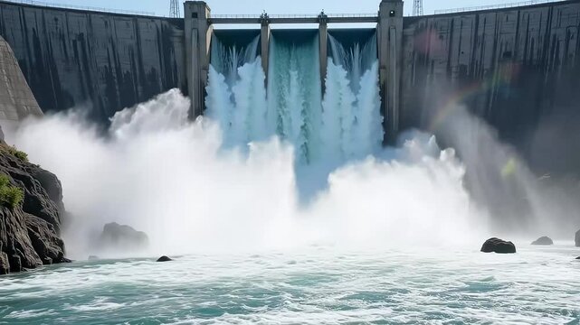 Powerful dam releasing water creating stunning waterfall with dramatic energy and impact
