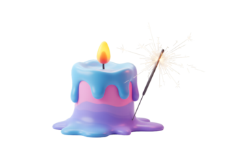 3D Illustration Of A Colorful Candle With A Glowing Sparkler Against Black