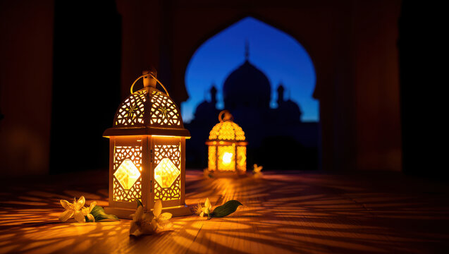 Traditional moroccan lanterns casting warm light in a dimly lit room with an arched doorway