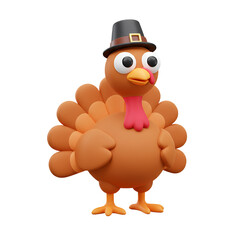 3D Cartoon Turkey With Pilgrim Hat Isolated On Transparent Background