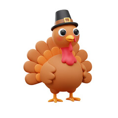 3D Cartoon Turkey Illustration With Pilgrim Hat Isolated on Transparent Background
