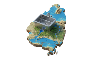 3D Illustration of a Metallic Sink on a Pixelated Island Map Abstract Design