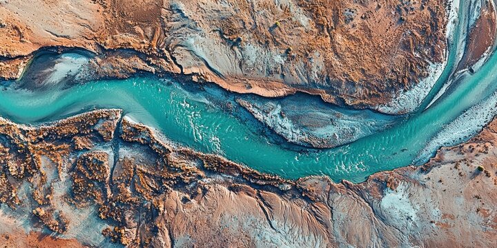 A dramatic aerial shot of a turquoise river snaking through red rock formations - Powered by Adobe