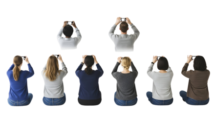 Diverse group capturing moments with smartphones, showcasing shared experiences and modern connectivity.
