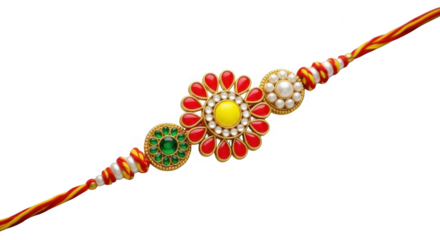 A beautifully crafted rakhi, a sacred thread symbolizing the protective bond between brothers and sisters, isolated on a transparent background