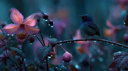 A vibrant bird perched on a dewy branch amidst blossoming flowers