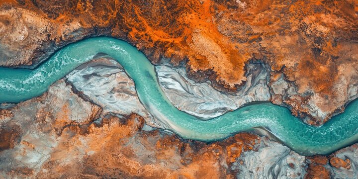 A dramatic aerial shot of a turquoise river snaking through red rock formations