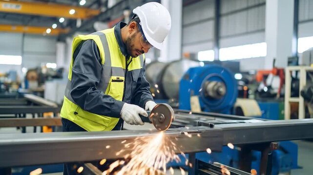 Metalworker in hard hat using angle grinder with sparks flying in industrial workshop.