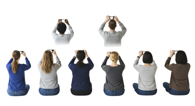 Diverse group capturing moments with smartphones, showcasing shared experiences and modern connectivity.
