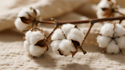 Soft Natural Cotton Blooms on Beige Textile:  Close-up Studio Shot, Warm Lighting, Organic Texture.