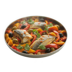  Fish tagine with vegetables and olives Isolated on white and transparent background