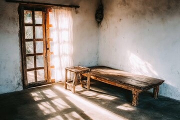 Sunlit rustic room with wooden furniture and a doorway
