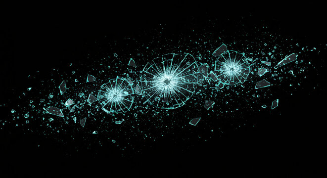 Shattered Teal Glass Three Circular Explosions with Sharp Fragments and Radial Lines.