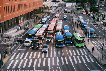Buses stopped at traffic lights in Seoul